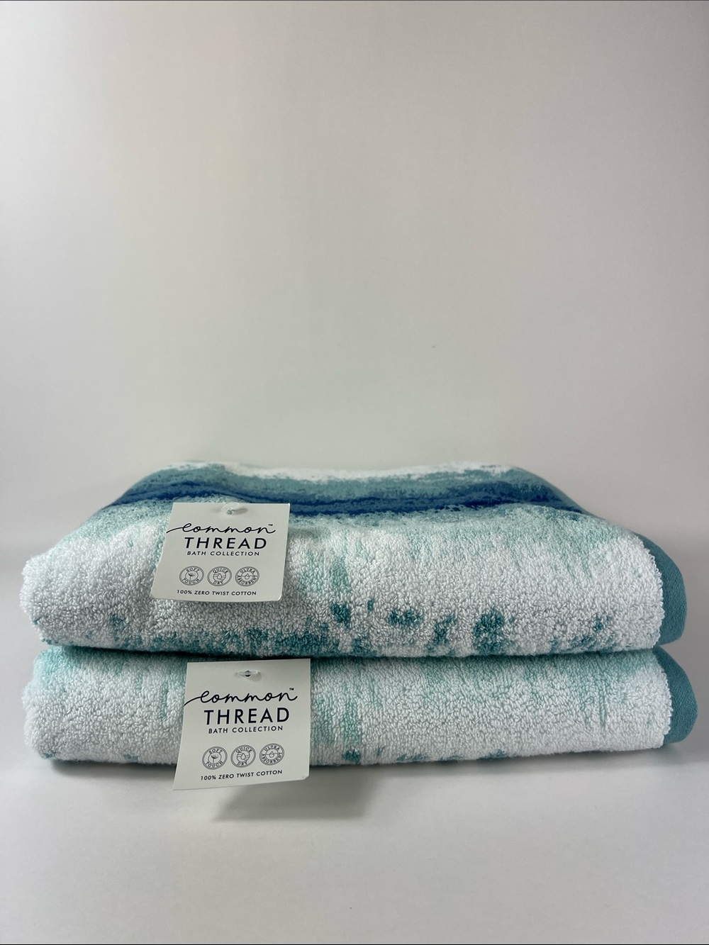 Common Thread Bath Towel Set Blue White Abstract Pattern 100% Cotton 2 pc NEW